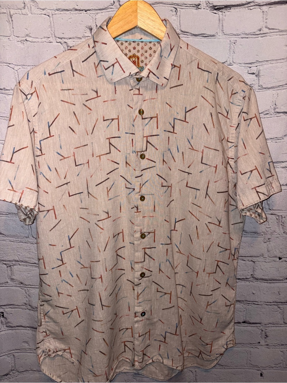 Luchiano Visconti Short Sleeve Button Up Linen Signature Collection Geometric L